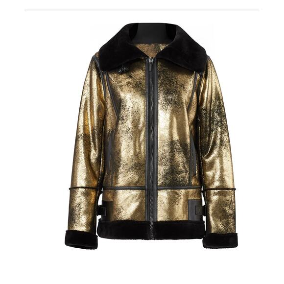 Avec Les Filles Gold Faux Fur Moto Jacket Size L NWT Metallic Fall Festival - Picture 1 of 6